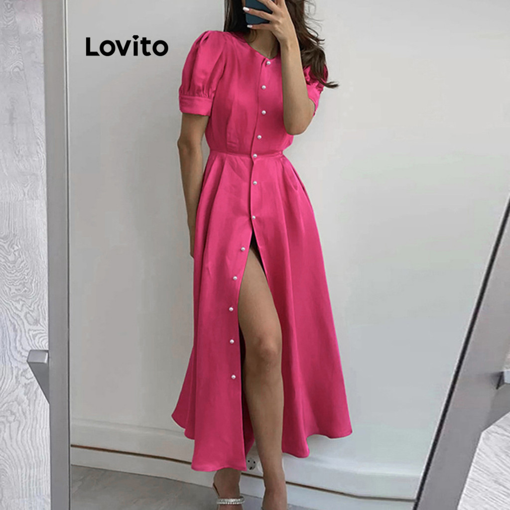 Lovito Vestido Casual Liso Com Botão Dividido Na Frente E Manga Bufante 1