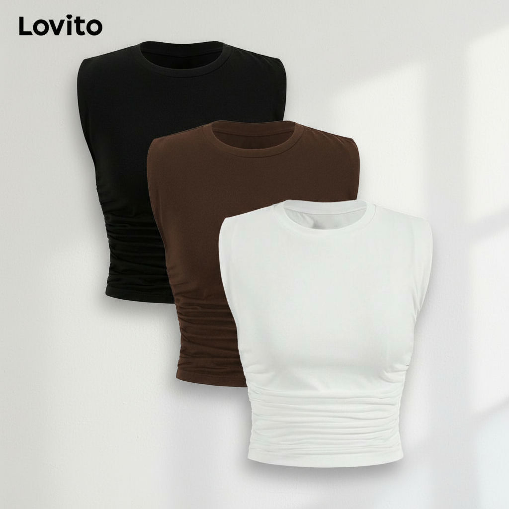 Lovito Regata Casual Lisa Plissada Básica De Verão 1