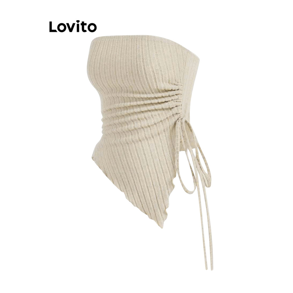  Lovito Top Casual Plissado Com Cadarço Texturizado Verão 2