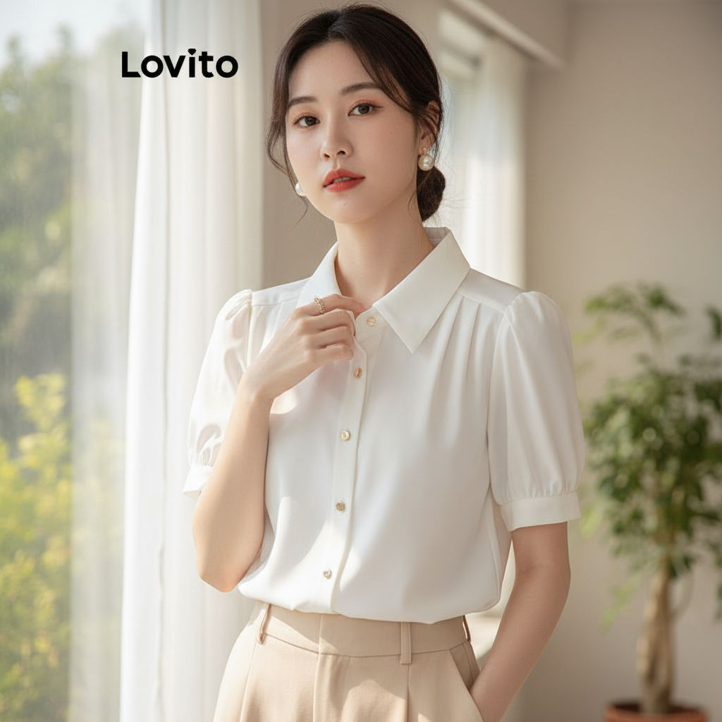 Lovito Blusa Casual Blusa Lisa Franzida 1