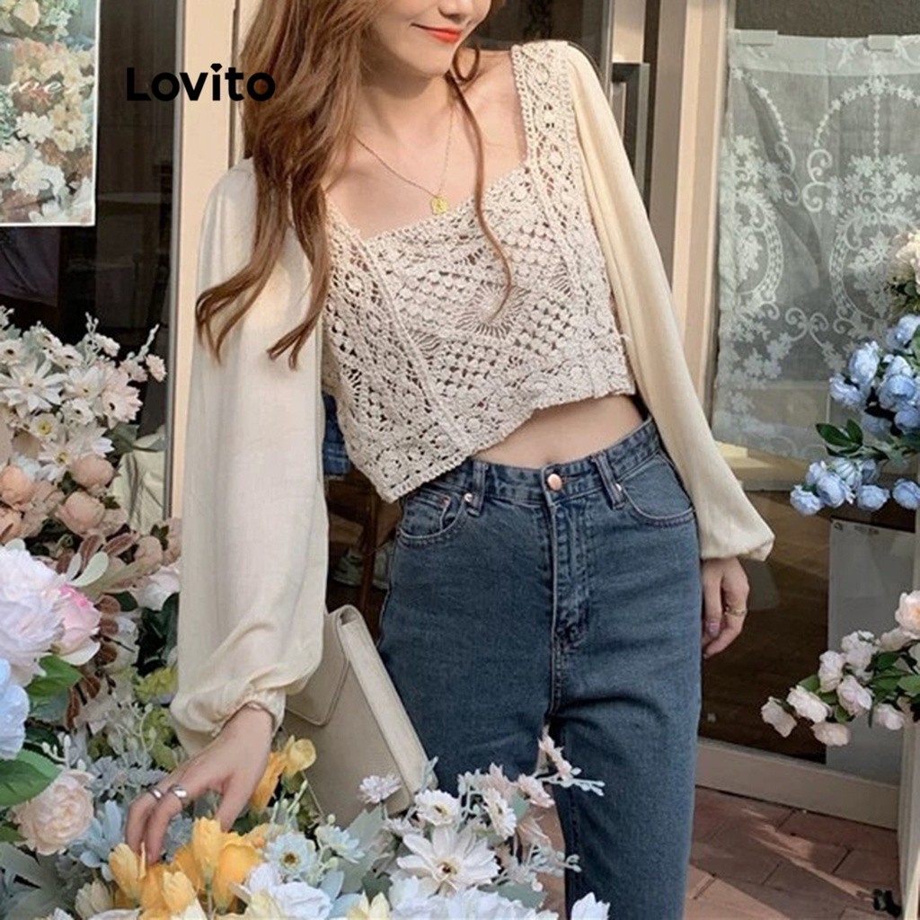 Lovito Blusa Casual Lisa com Babado Franja Bordado Contraste Tricô 1