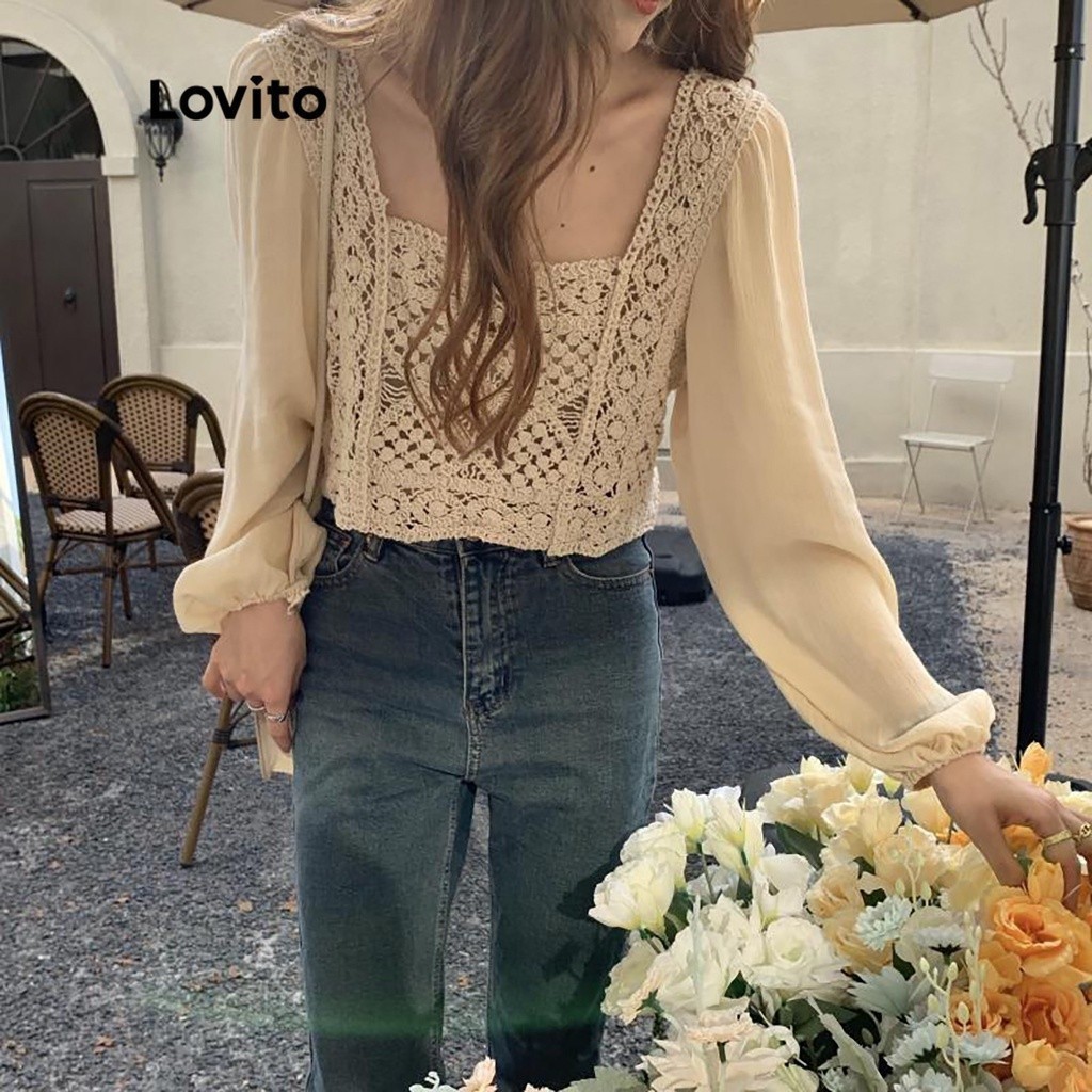 Lovito Blusa Casual Lisa com Babado Franja Bordado Contraste Tricô 2
