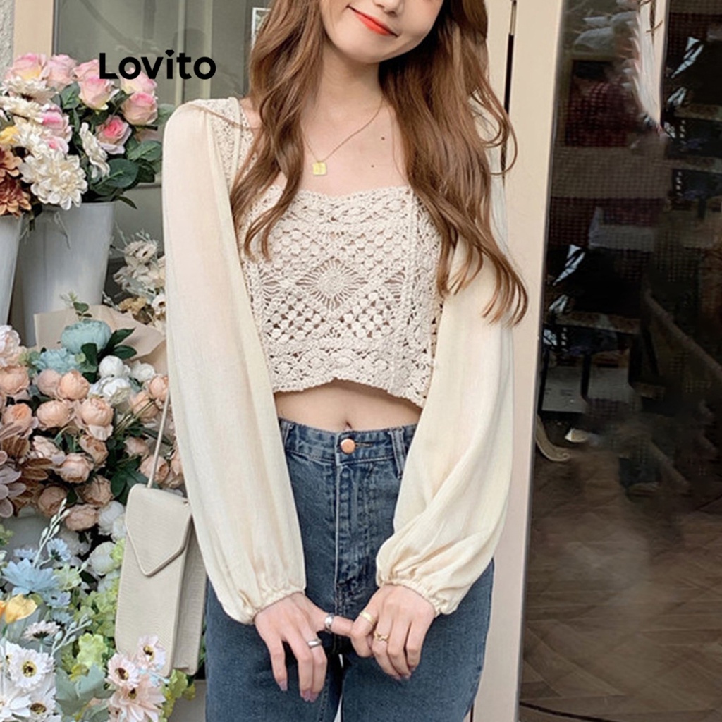 Lovito Blusa Casual Lisa com Babado Franja Bordado Contraste Tricô 3