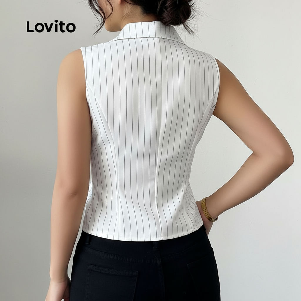 Lovito Elegante Blusa com Botão Superior Toque Suave Primavera 3