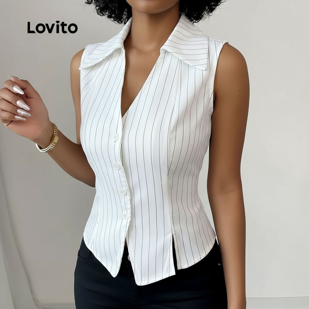 Lovito Elegante Blusa com Botão Superior Toque Suave Primavera 2