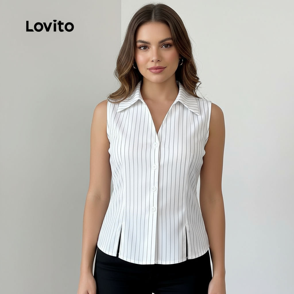 Lovito Elegante Blusa com Botão Superior Toque Suave Primavera 1