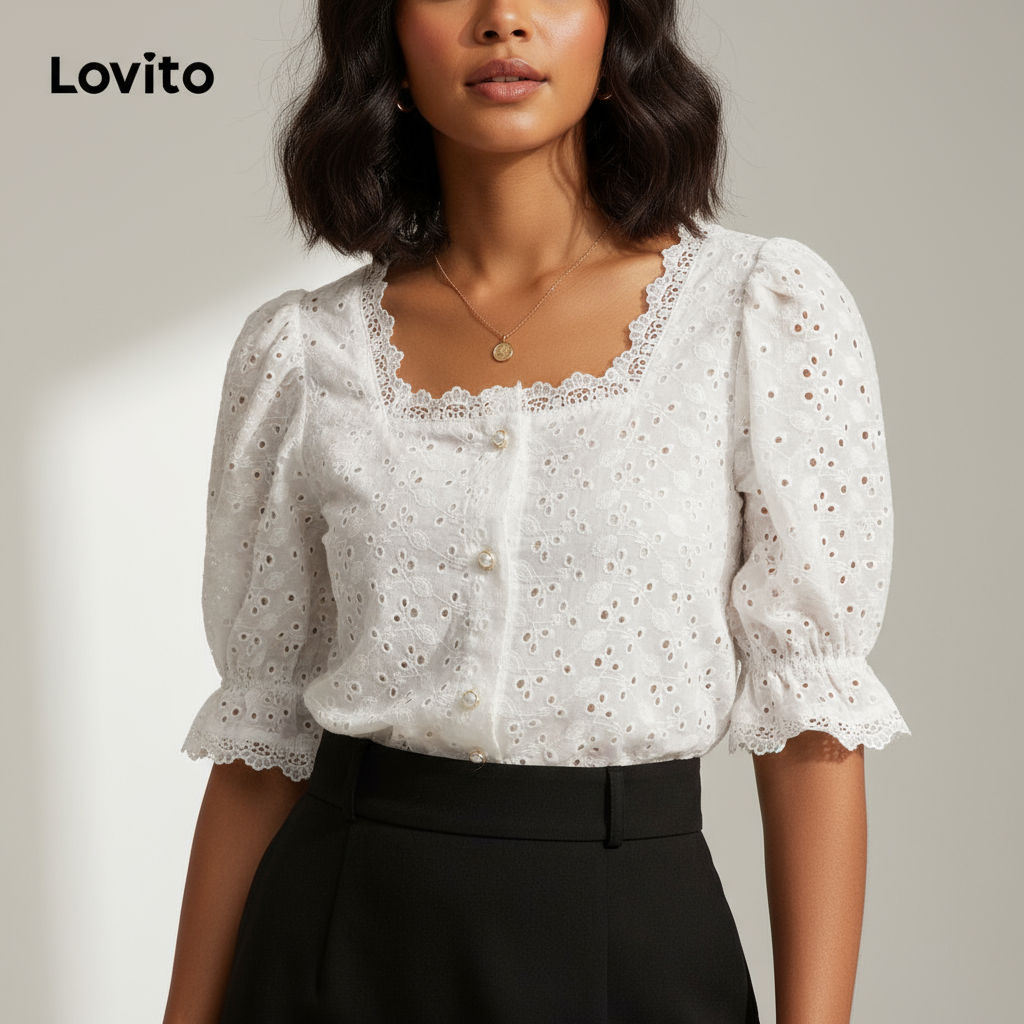 Lovito Blusa Casual Simples Ilhó Bordado Pérola Fivela Contraste Blusas De Renda 1