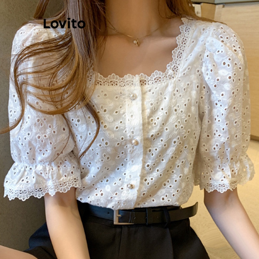 Lovito Blusa Casual Simples Ilhó Bordado Pérola Fivela Contraste Blusas De Renda 2
