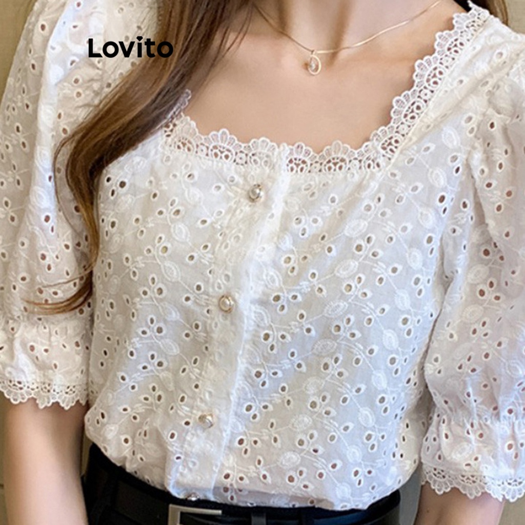 Lovito Blusa Casual Simples Ilhó Bordado Pérola Fivela Contraste Blusas De Renda 3