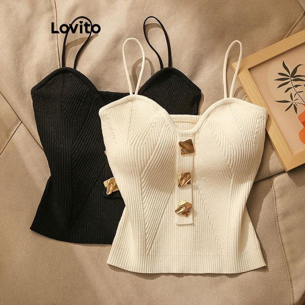 Lovito Regata Casual Com Botão Liso De Metal Redondo 1