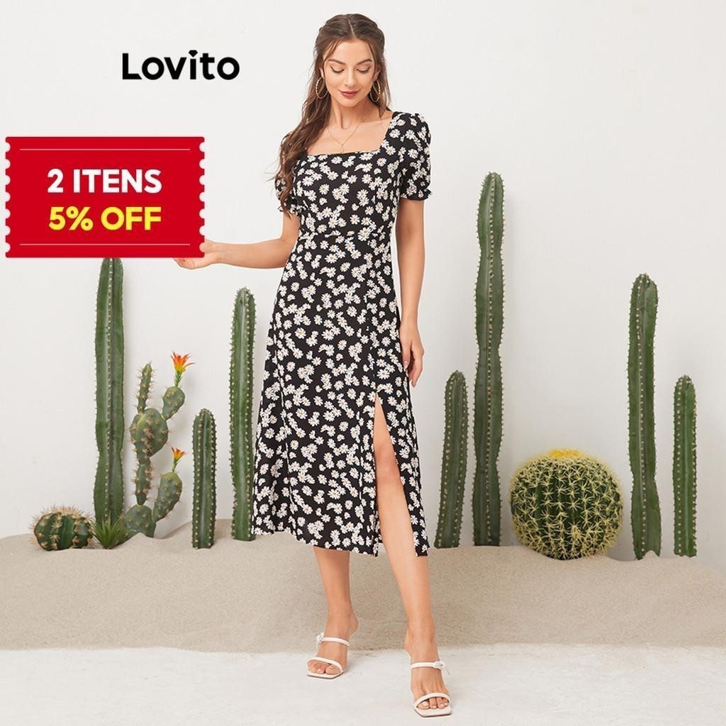 Lovito Vestido Casual Com Estampa Floral E Decote Quadrado 1