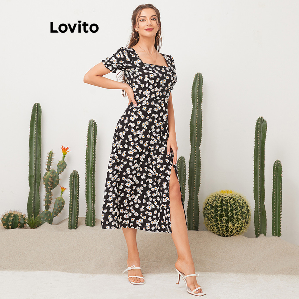 Lovito Vestido Casual Com Estampa Floral E Decote Quadrado 3