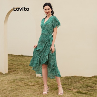 Lovito Boho Vestido de Bolinha Com Fenda e Decote V  1