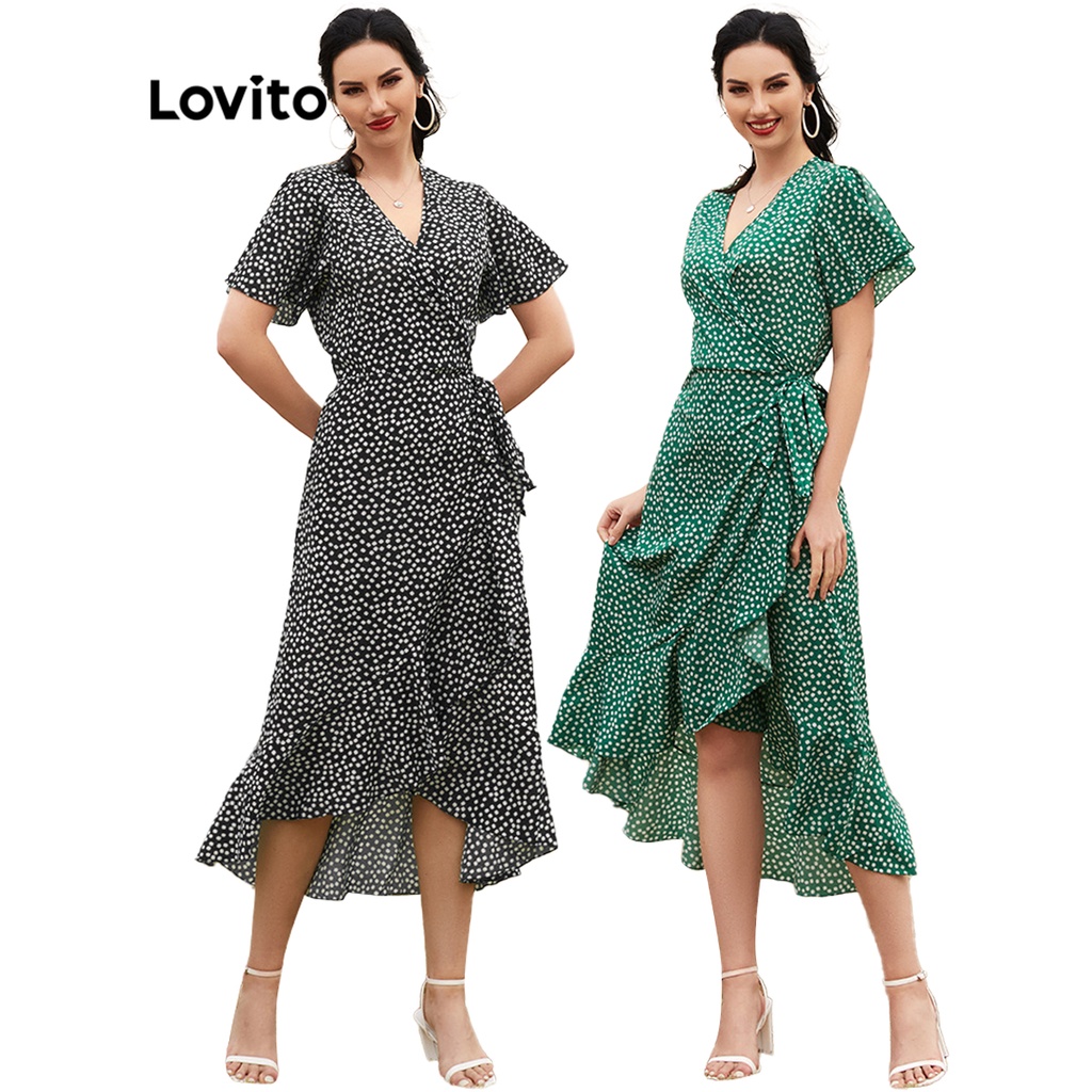 Lovito Boho Vestido de Bolinha Com Fenda e Decote V  3
