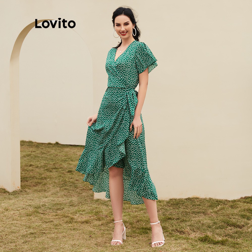 Lovito Boho Vestido de Bolinha Com Fenda e Decote V  2