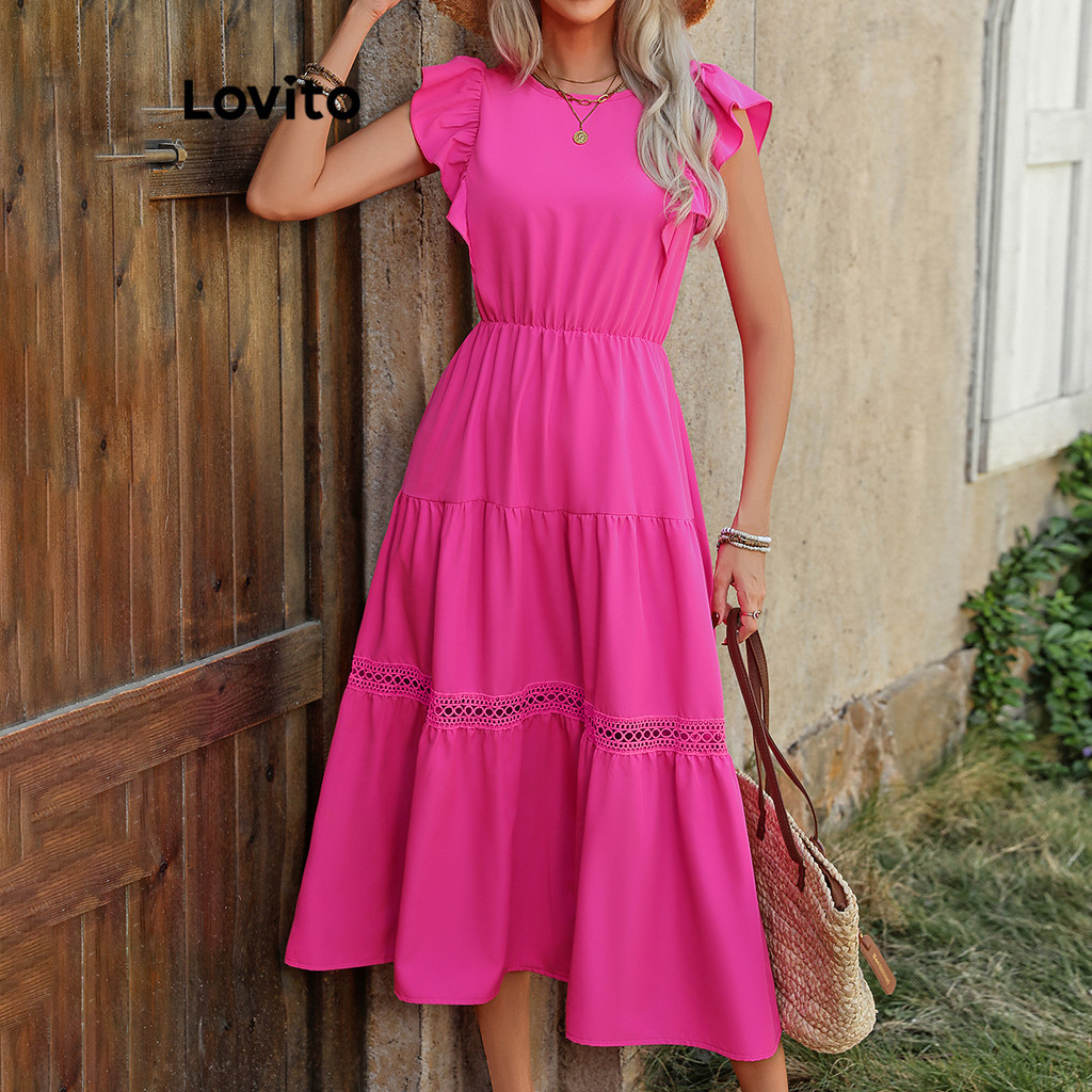 Lovito Vestido Boho Simples de Renda com Babados 1