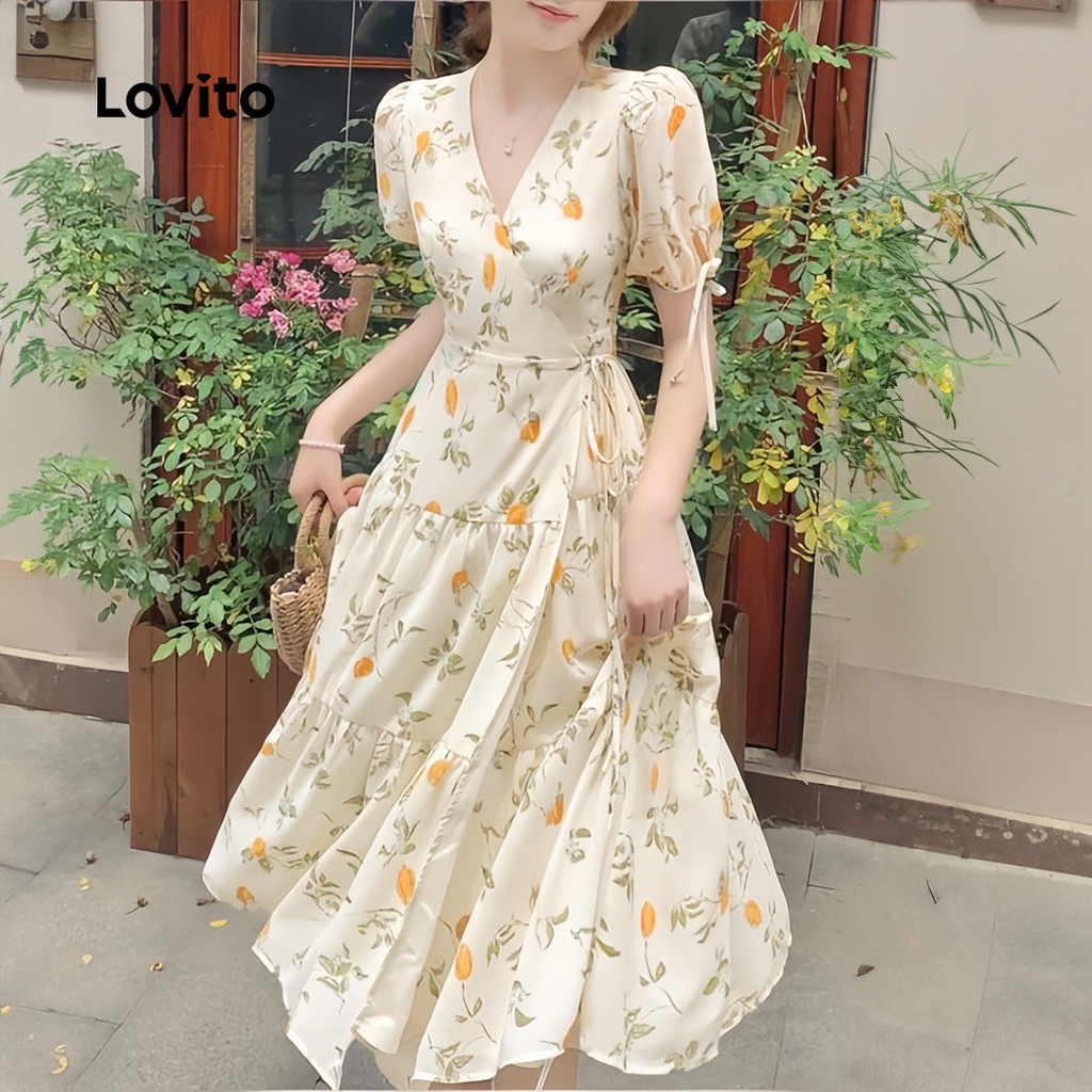 Lovito Vestido Feminino Midi Camponesa 2