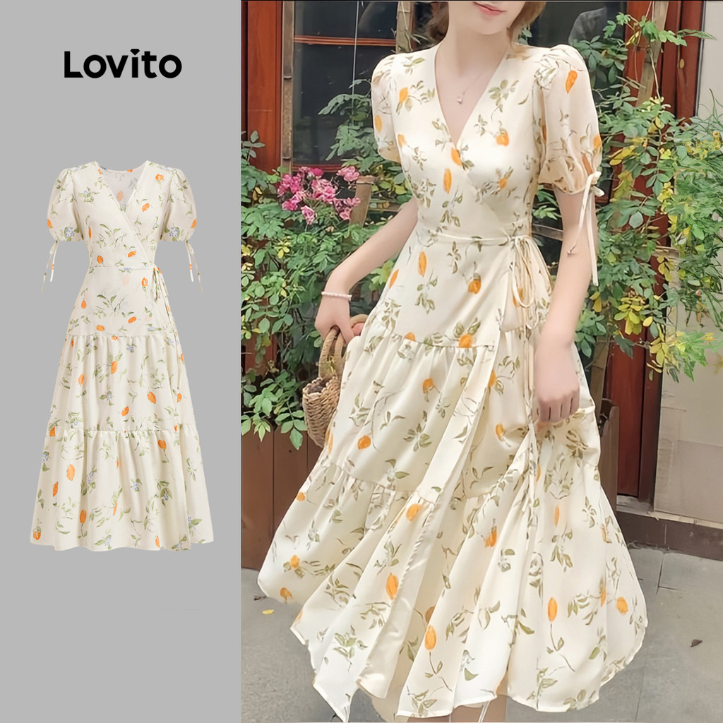 Lovito Vestido Feminino Midi Camponesa 1