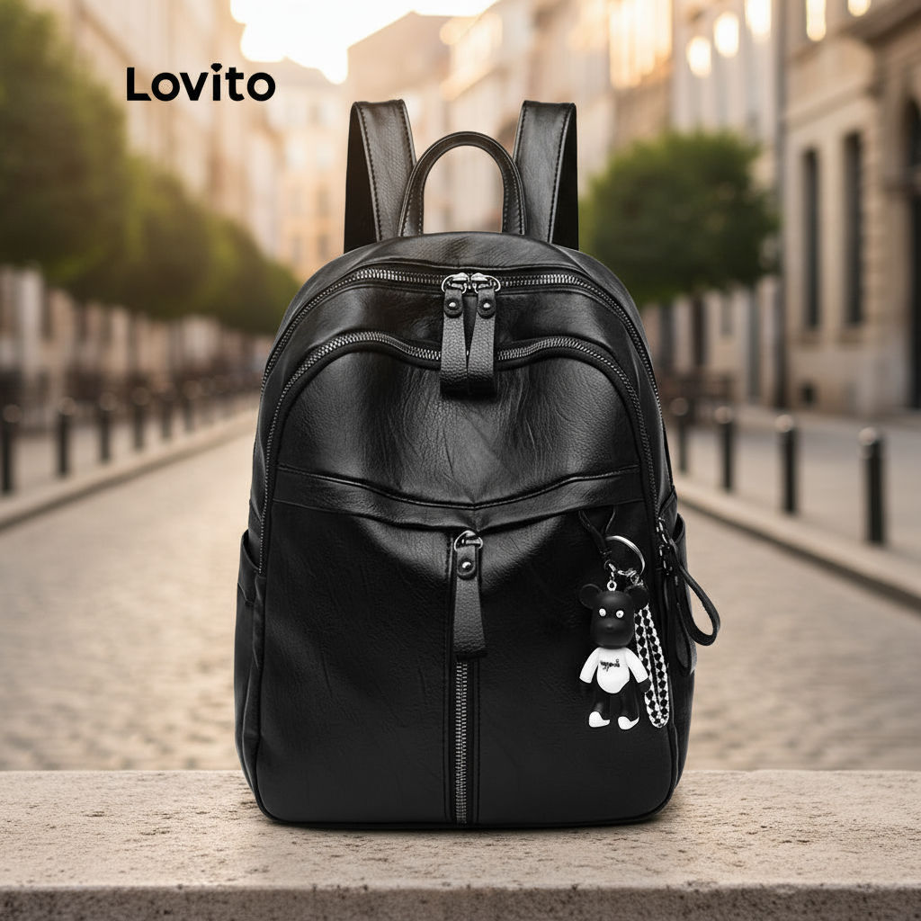 Lovito Mochila Casual Com Zíper Liso 1
