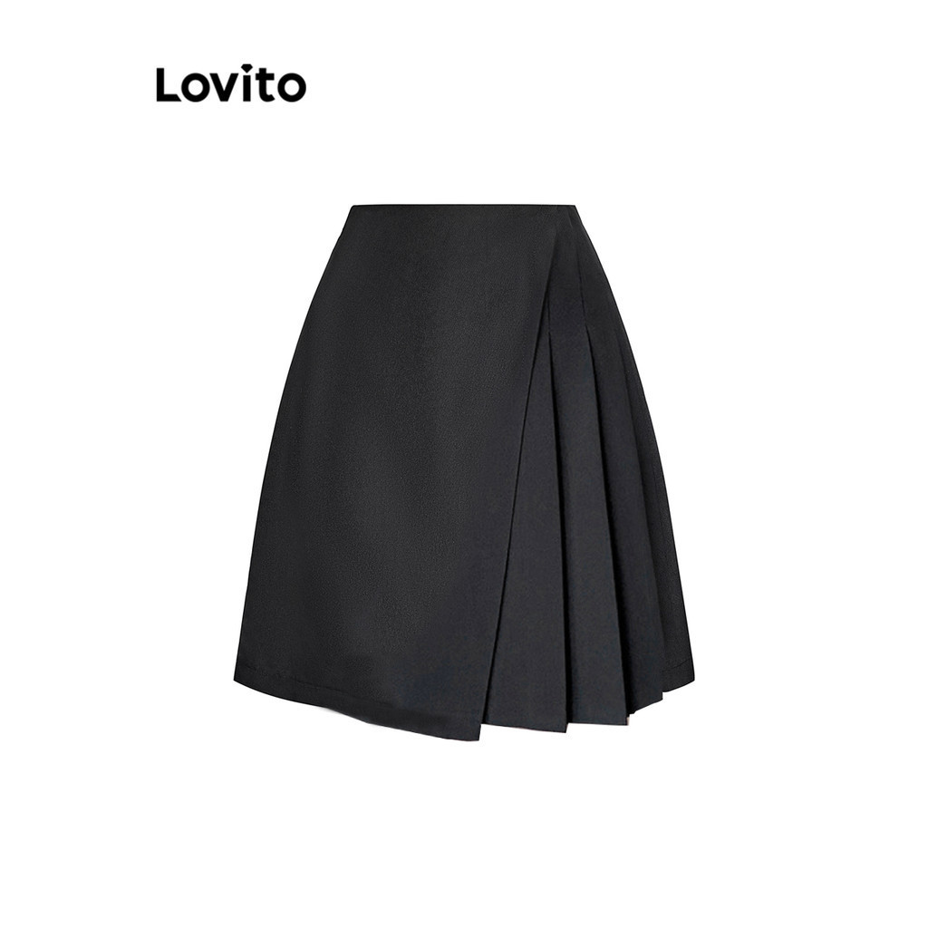 Lovito Elegante Saia Feminina Lisa Plissada 2