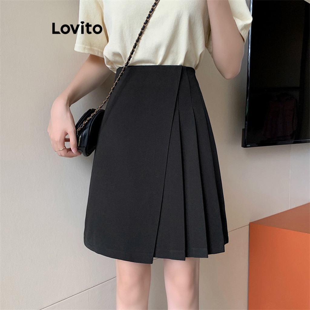 Lovito Elegante Saia Feminina Lisa Plissada 1